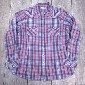 Ariat Western Shirt Women Large Purple Plaid Real Cornflower Embroidered Snap